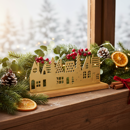 Décoration de Noël Silhouette de Maisons Métal Doré sur Socle en Bois 29 cm | Floristik24.fr
