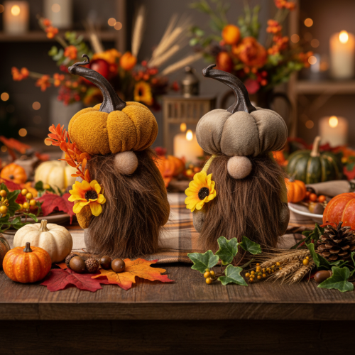 Figurines d'automne en forme de lutins avec citrouille, tournesol et barbe, 16 cm, lot de 2, en tissu de couleur orange et brun | Floristik24.fr