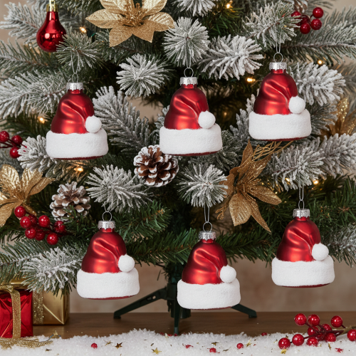 Article Boules de Noël en Verre Chapeau de Père Noël 8 cm Rouge et Blanc par 6