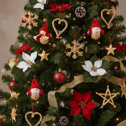 Article Ornements de Noël en paille - Set de 30 décorations étoiles et figurines 4-6 cm, naturel et rouge