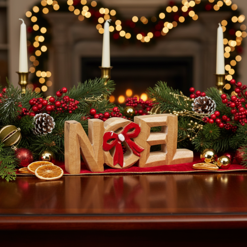 Article Décoration de Noël en bois "Noël" avec nœud rouge, 18 cm