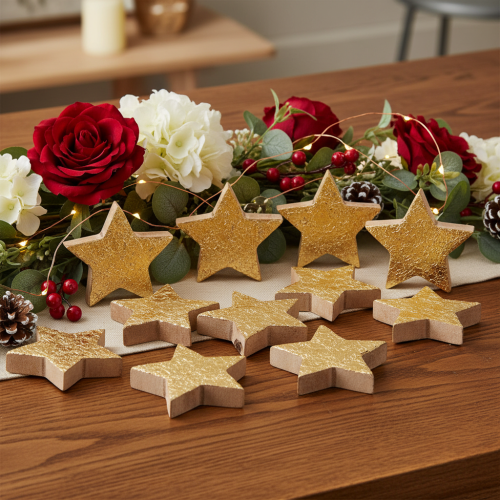 Article Étoiles décoratives en bois doré 5 cm lot de 9 pièces
