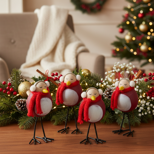 Figurine décorative d'oiseau avec écharpe, décoration hivernale, 11 cm, lot de 4 | Floristik24.fr