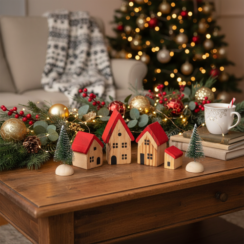 Article Set de maisons décoratives en bois avec sapins et toits rouges, 12 cm, 6 pièces