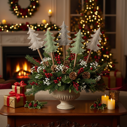 Article Décoration Sapin sur Tige en Bois Vert et Gris 45 cm Lot de 6 pour Gestecks et Plantes