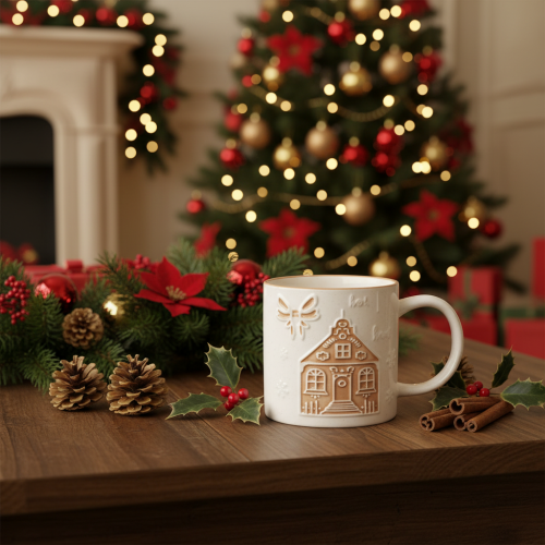 Article Tasse en céramique motif maison relief beige-brun 9 cm