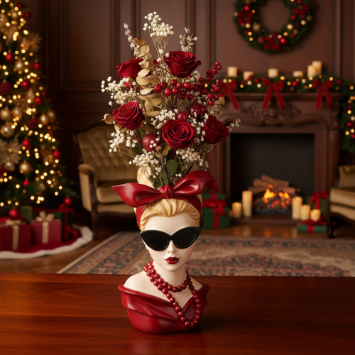 Article Vase tête femme en résine avec lunettes de soleil et collier, 30cm