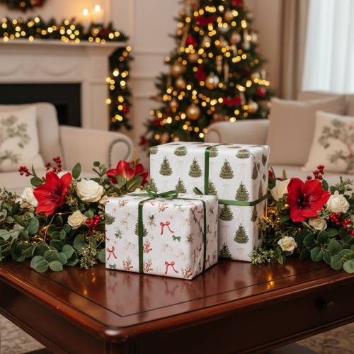 Article Tissu décoratif de Noël, 120 cm x 35 cm, set de 2, motifs sapins et rubans