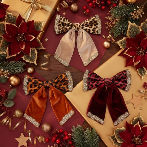 Article Lot de 3 nœuds décoratifs en tissu avec imprimé léopard, 20 cm, beige, rouge et rouge foncé
