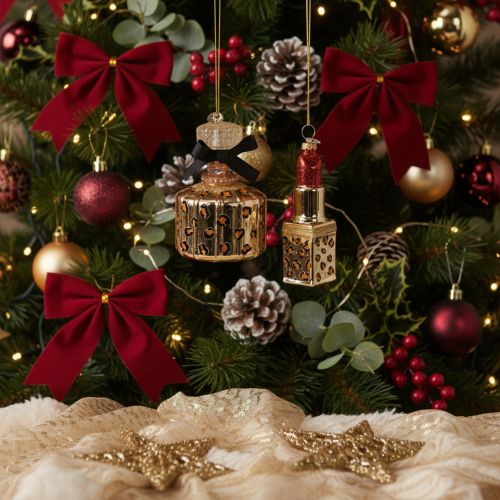 Article Décorations de Noël en verre : flacon de parfum et rouge à lèvres avec motif léopard, 11 cm, set de 2