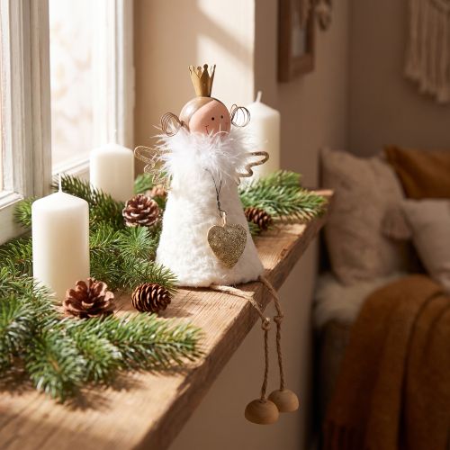 Figurine ange assis déco de Noël en bois et métal blanc H12cm | Floristik24.fr
