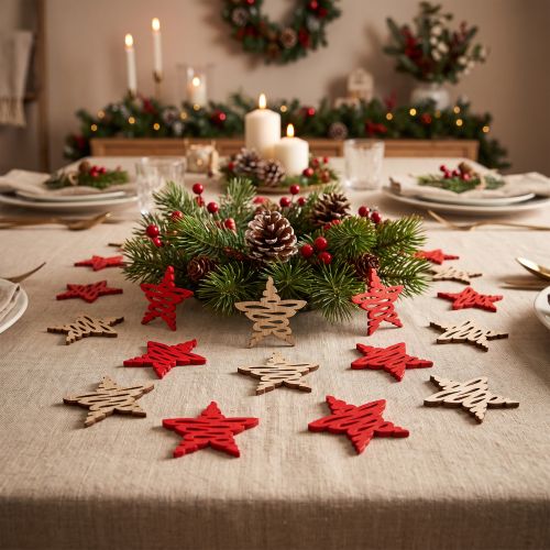 Étoiles décoratives en bois rouge et naturel à parsemer, 4 cm, 72 pièces | Floristik24.fr