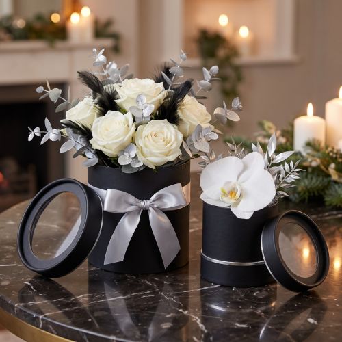 Set de 2 boîtes à fleurs rondes noires bordure argentée avec couvercle transparent | Floristik24.fr