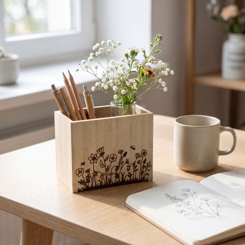 Organisateur de Bureau en Bois avec Motif Floral, 14×8×12 cm | Floristik24.fr