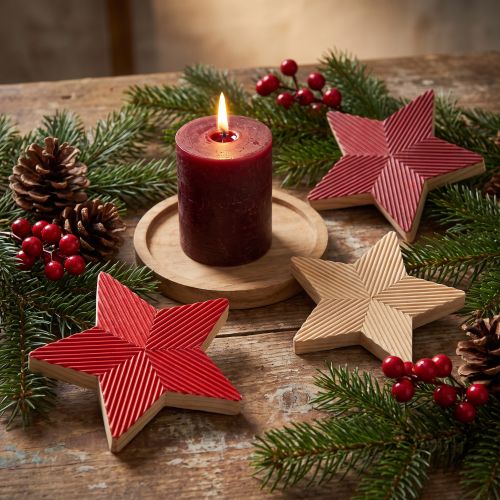 Étoiles décoratives en bois rainuré Rouge et Naturel 11 cm – Lot de 3 | Floristik24.fr