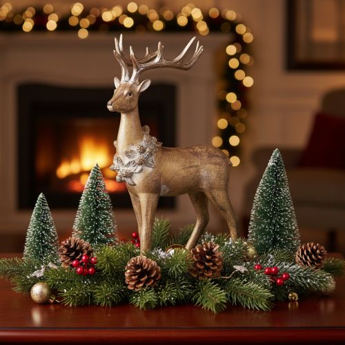 Article Décoration Figurine Cerf Debout avec Bois et Pommes de Pin 41 cm