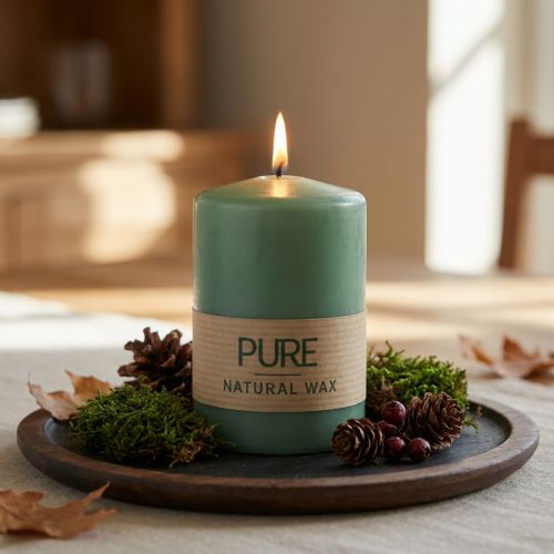Bougie Pillar PURE en Cire Naturelle Vert Émeraude 9x6cm | Floristik24.fr