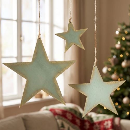 Set de 3 étoiles en bois à suspendre - Décoration Mint et Or - 12/20/26 cm | Floristik24.fr