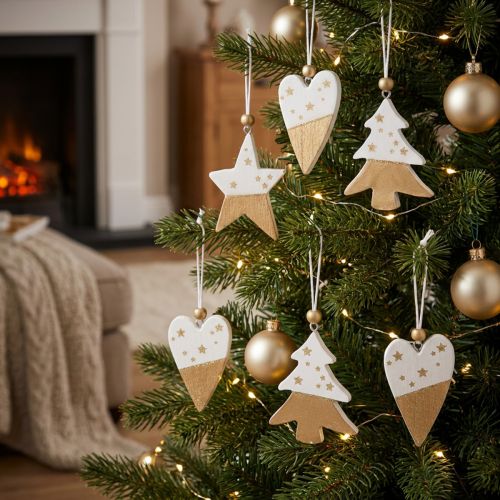 Lot de 6 décorations en bois blanc et or – Étoile, sapin et cœur | Floristik24.fr