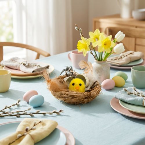 Nid de Printemps avec Poussin et Plumes - Décoration de Pâques Ø9 cm | Floristik24.fr