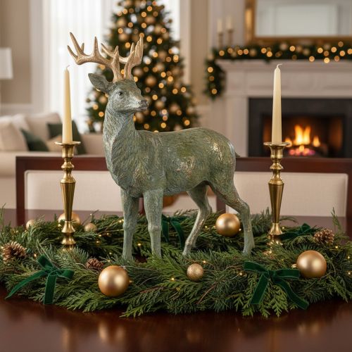 Article Figurine de cerf en polyresine 43 cm vert et doré pour décoration intérieure