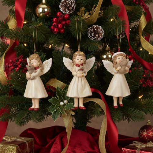 3 Décorations Suspendues Ange Vintage en Résine, 10 cm, Beige, Blanc et Rouge | Floristik24.fr