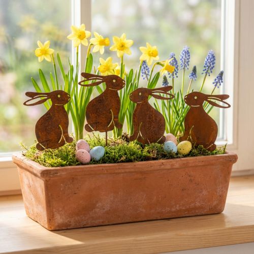 Lot de 6 décorations métalliques Rouille Lapin de Pâques avec tige 7 x 9 cm | Floristik24.fr