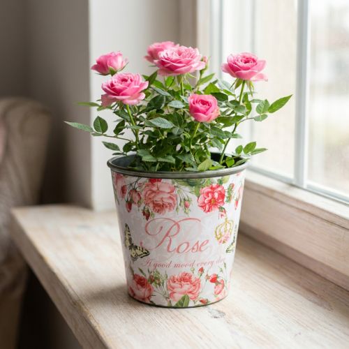 Pot décoratif en plastique motif rose et papillons H13cm Ø13,5cm | Floristik24.fr