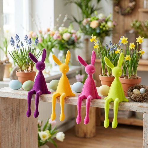 Figurines Lapins Décoratifs à Poser, Velours Coloré, 28 cm, Lot de 4 | Floristik24.fr