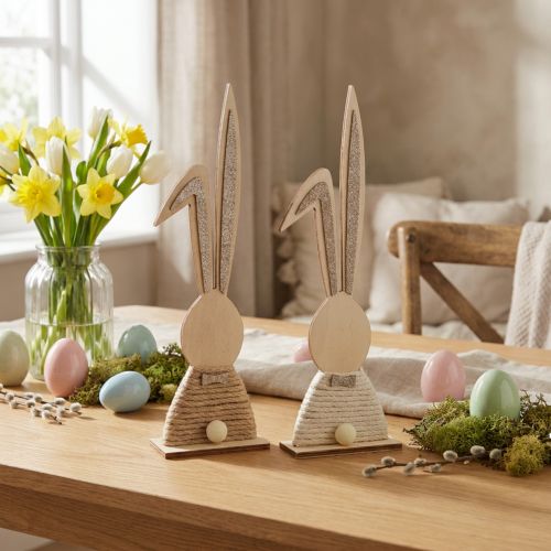 Figurines lapins en bois avec oreilles pailletées, hauteur 36 cm, lot de 2 | Floristik24.fr