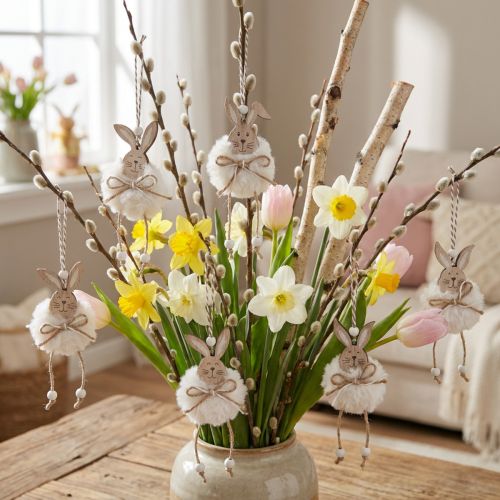 Set de 6 lapins décoratifs en bois à suspendre – Blanc et naturel – 5 × 12 cm | Floristik24.fr