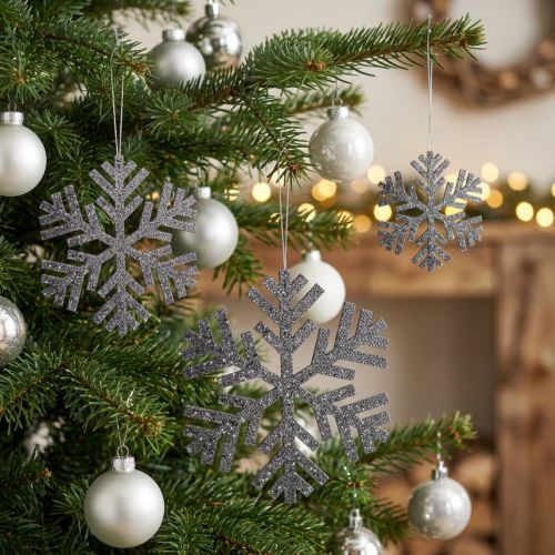 Flocons de neige décoratifs gris à suspendre en bois Ø8cm à Ø12cm - Lot de 9 pièces | Floristik24.fr