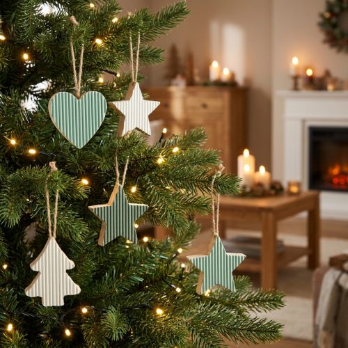 Set de 9 décorations en bois pour sapin de Noël, formes cœur, sapin et étoile, vert menthe et blanc, 4,5 cm | Floristik24.fr