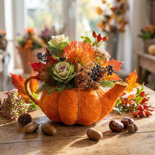 Pot décoratif en forme de théière citrouille orange et vert Ø13cm | Floristik24.fr