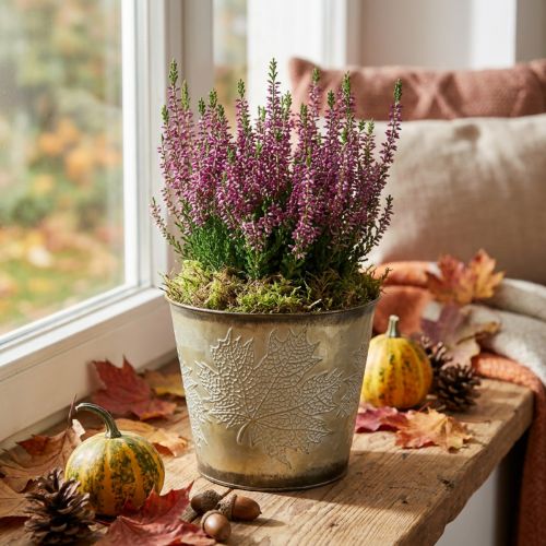 Cache-pot en métal doré avec décor de feuilles d’automne Ø14cm H12,5cm | Floristik24.fr