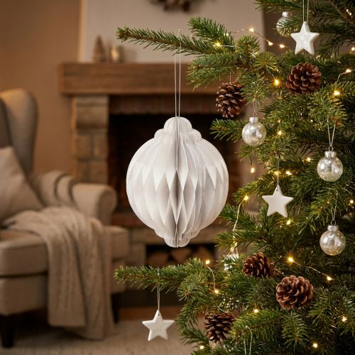 Boule de Noël en papier alvéolé blanc Ø15cm H20cm | Floristik24.fr