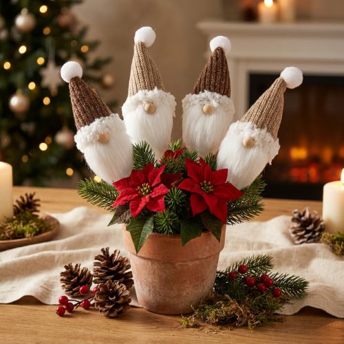 Décorations de Noël - Lot de 4 Gnomes sur Piques en Bois 4x11 cm, Blanc et Marron | Floristik24.fr