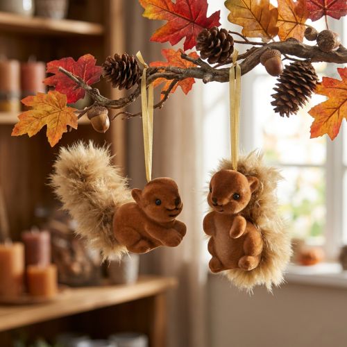 Set de 2 suspensions décoratives écureuils en plastique avec queue en plumes, 6 cm, marron | Floristik24.fr