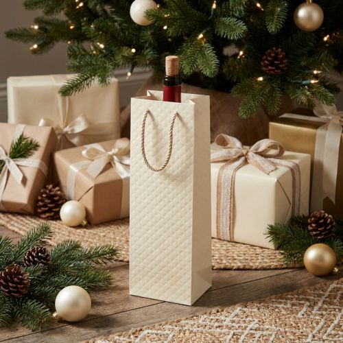 Article Sac cadeau bouteille en papier crème motif cuir 12×9×36cm