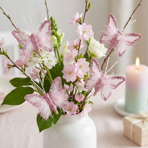 Papillons décoratifs à clip en plumes rose et blanc 5x4,5 cm - Lot de 4 | Floristik24.fr