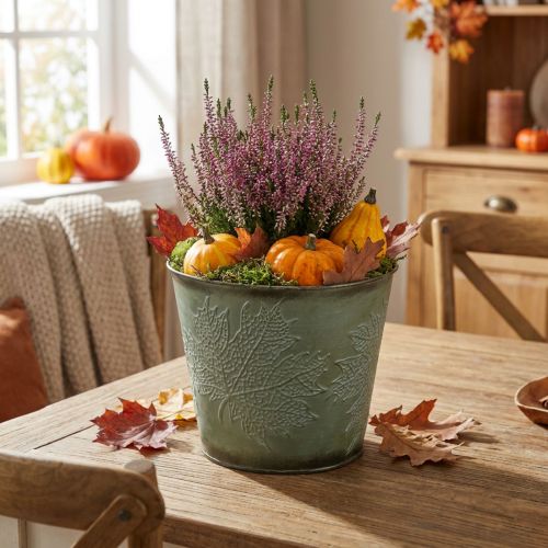 Pot décoratif en métal avec motif de feuilles, vert, Ø18,5cm H17cm | Floristik24.fr
