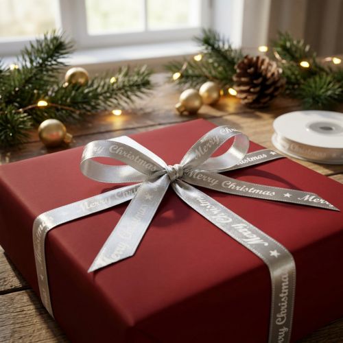 Ruban de Noël Ruban Joyeux Noël Argent Blanc 10mm 20m | Floristik24.fr