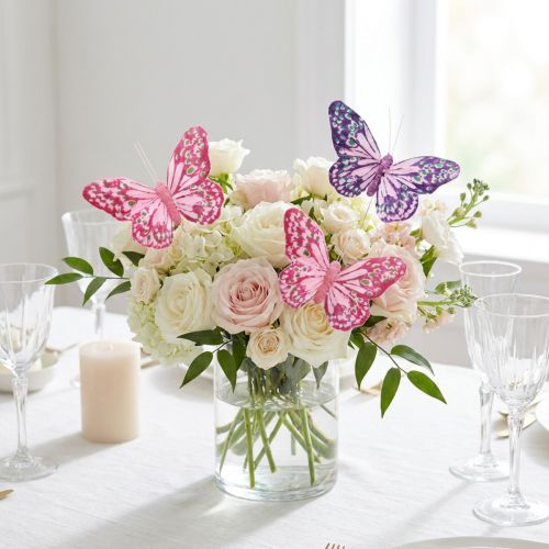 Duo de Papillons Décoratifs en Plumes avec Fil, 7×10 cm, Rose et Violet, Lot de 12 | Floristik24.fr