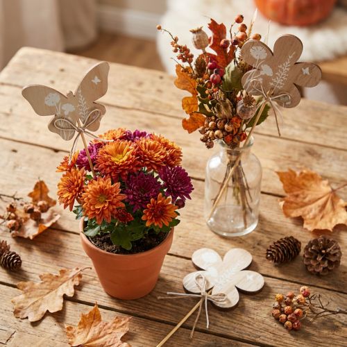Piques décoratives en bois papillons et fleurs 9 cm - Lot de 12 | Floristik24.fr
