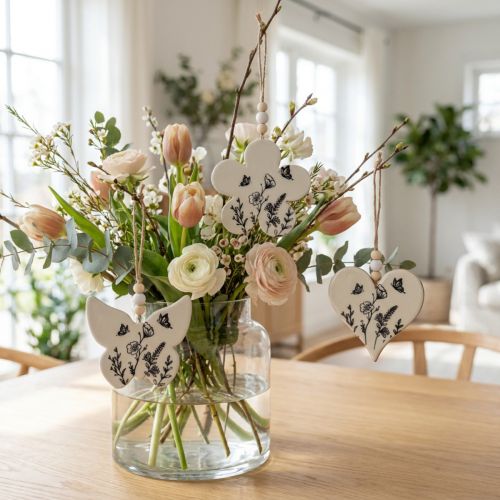 Lot de 3 suspensions décoratives en bois motif cœur, fleur et papillon – Blanc, Naturel, Noir | Floristik24.fr