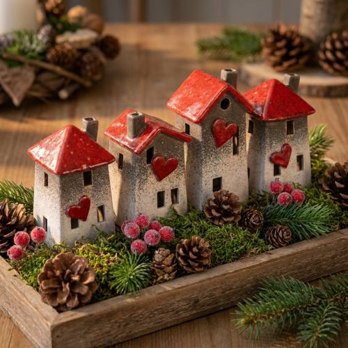 Ensemble de 3 maisons en céramique avec toits rouges et cœurs – Décoration hivernale chaleureuse | Floristik24.fr