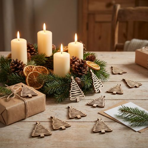 Mini sapins en bois décoratifs pour Noël, 3x4,5 cm, lot de 72 | Floristik24.fr