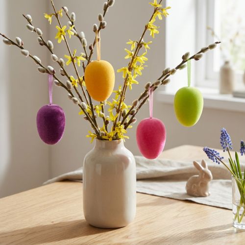 Œufs de Pâques à suspendre vert, jaune, rose et prune 11 cm - Lot de 4 | Floristik24.fr