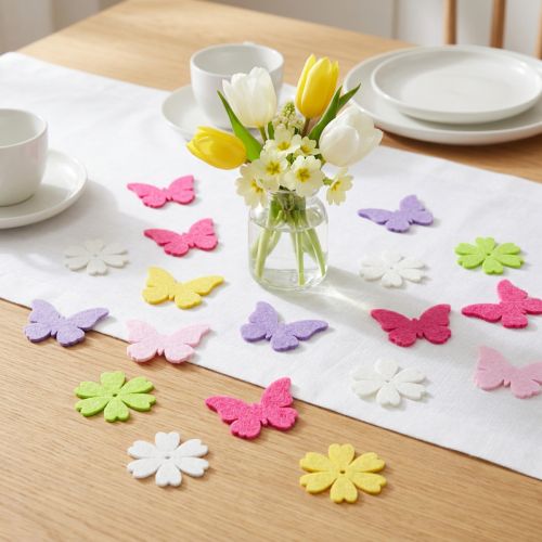 Article Décoration à parsemer en feutrine - Papillons et fleurs colorés 4 cm, 72 pièces
