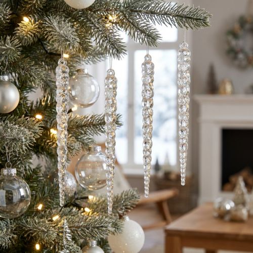 Décoration glaçons transparents à suspendre avec paillettes argentées 14 cm - Lot de 4 | Floristik24.fr